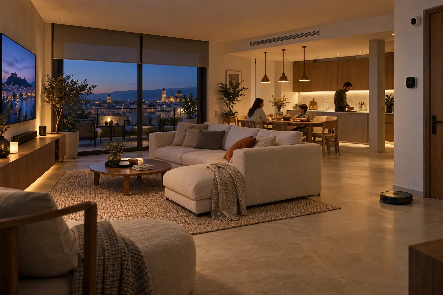 Salón y cocina conectados al anochecer con iluminación, persianas, televisión, cámara y robot aspirador inteligentes