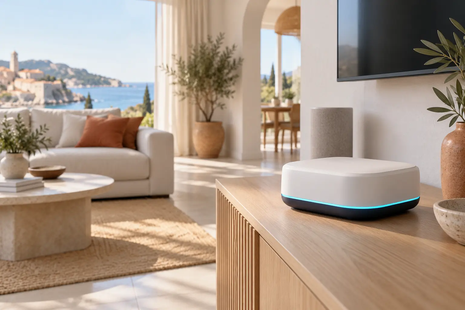 Nexo One sobre un mueble en un salón luminoso, conectado con el televisor y los altavoces